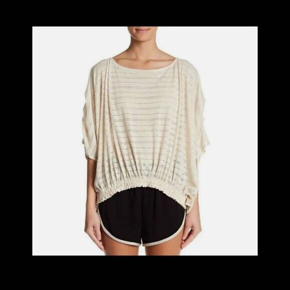 Free People Azelea Size S/P Cream Smocked Striped Eyelet Oversized Top - Picture 1 of 11